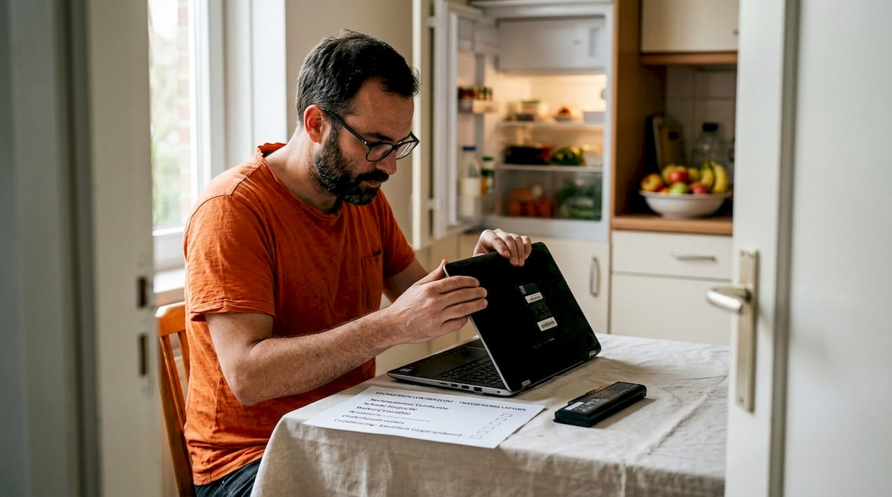 Een man zit aan de keukentafel verschillende elektronische apparaten met elkaar te vergelijken.