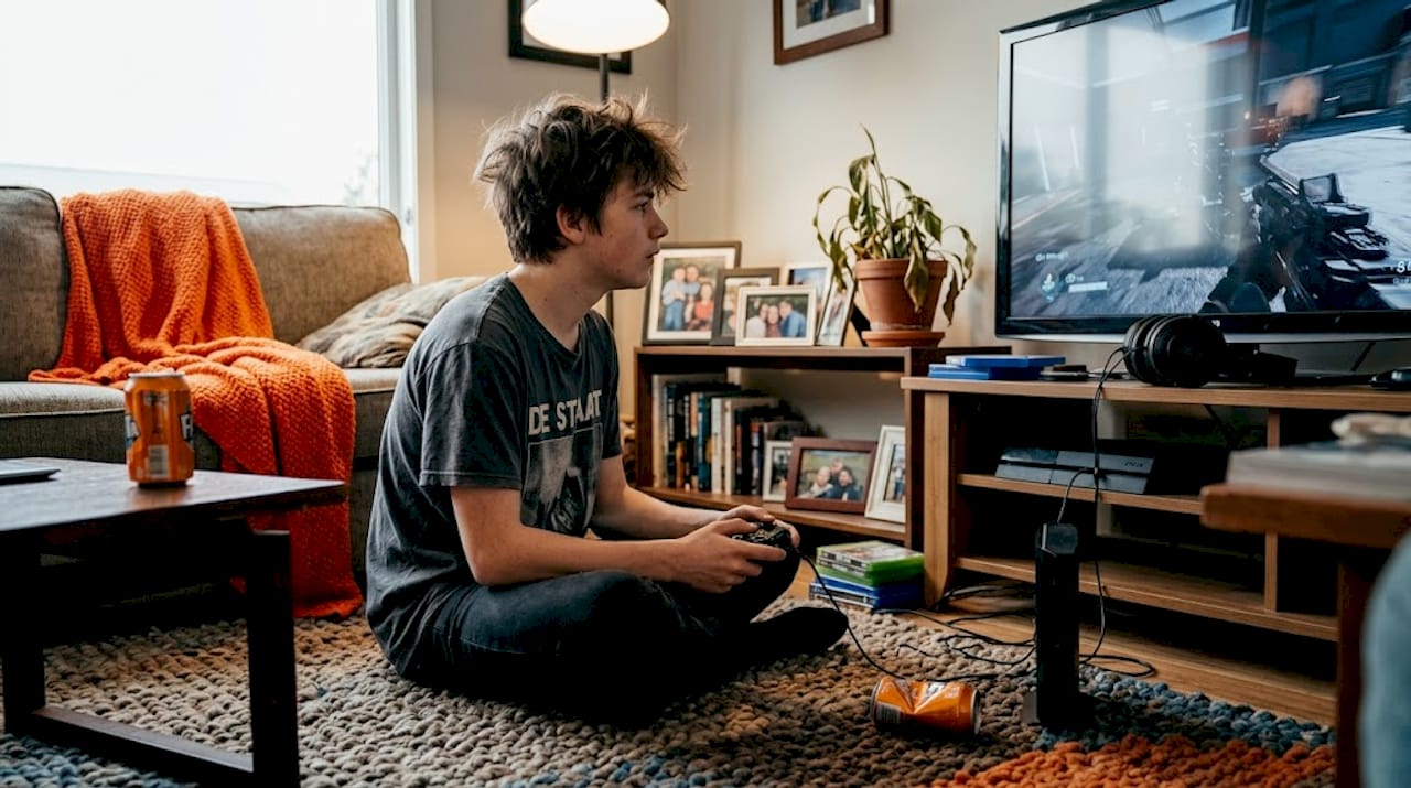 Een tiener zit lekker thuis op de bank videogames te spelen op de televisie.
