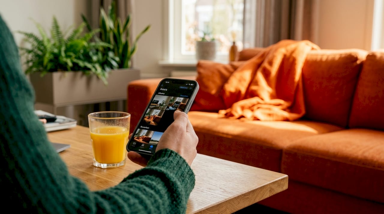 Iemand houdt zijn smartphone boven de keukentafel vast.