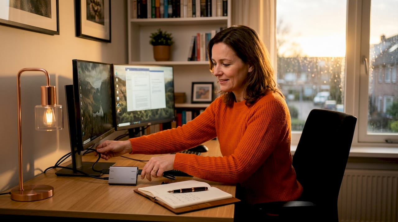 Een vrouw sluit via een MST-hub twee beeldschermen op haar computer aan.