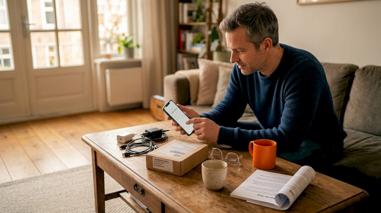 Man installeert opgeknapte telefoon in de huiskamer