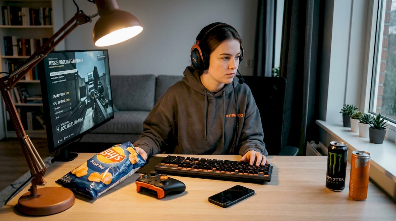 Een fanatieke gamer zit achter zijn bureau, scherm aan, koptelefoon op en een zak chips binnen handbereik.