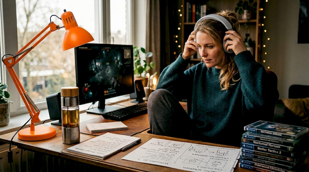 Een vrouw stelt haar headset af terwijl ze achter haar bureau zit.