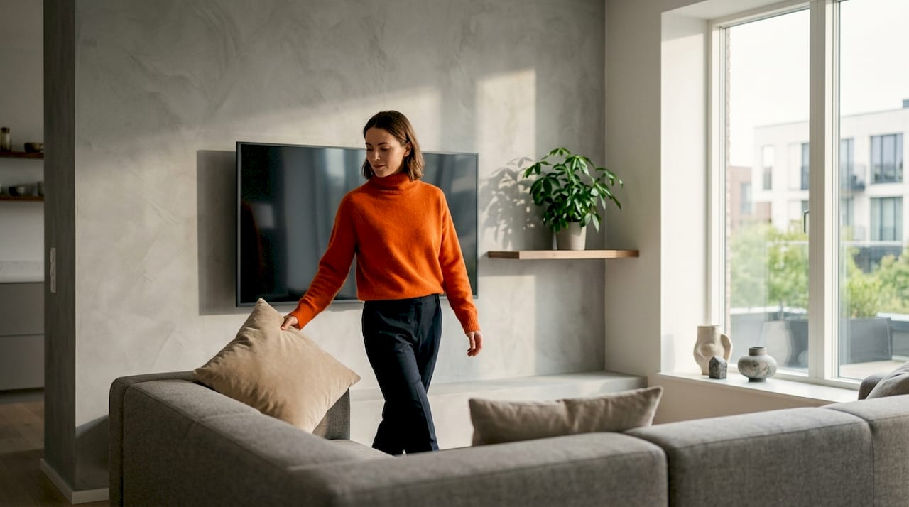 Een vrouw legt een kussen anders neer bij een lichte muur waar een tv aan hangt.