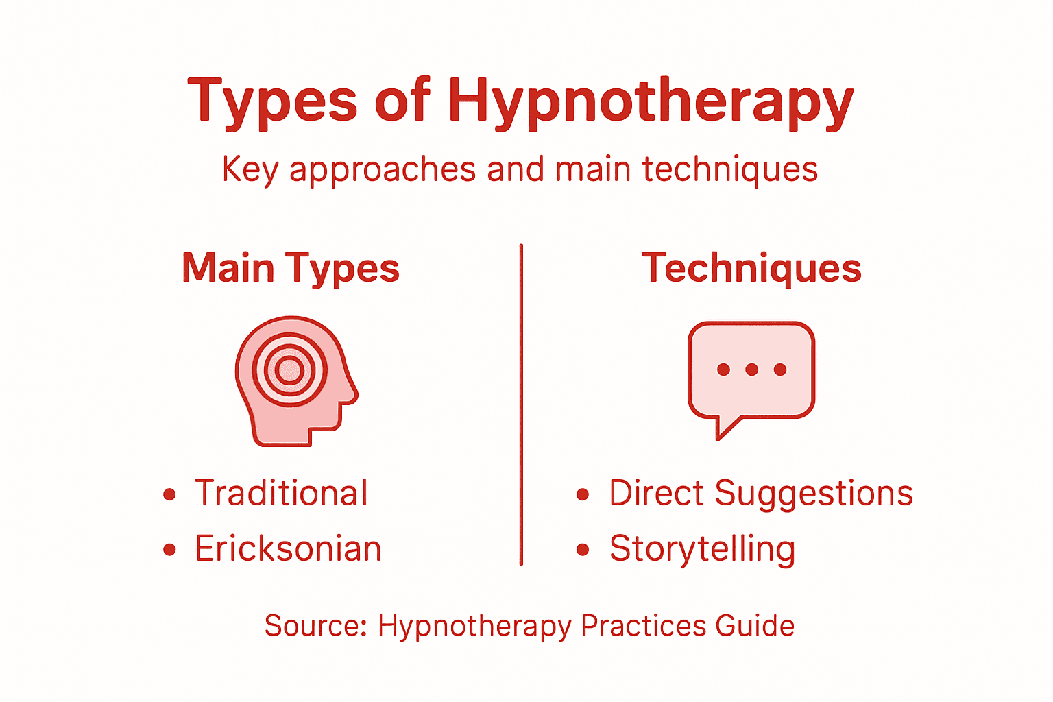 Infographic summarizing types and methods of hypnotherapy