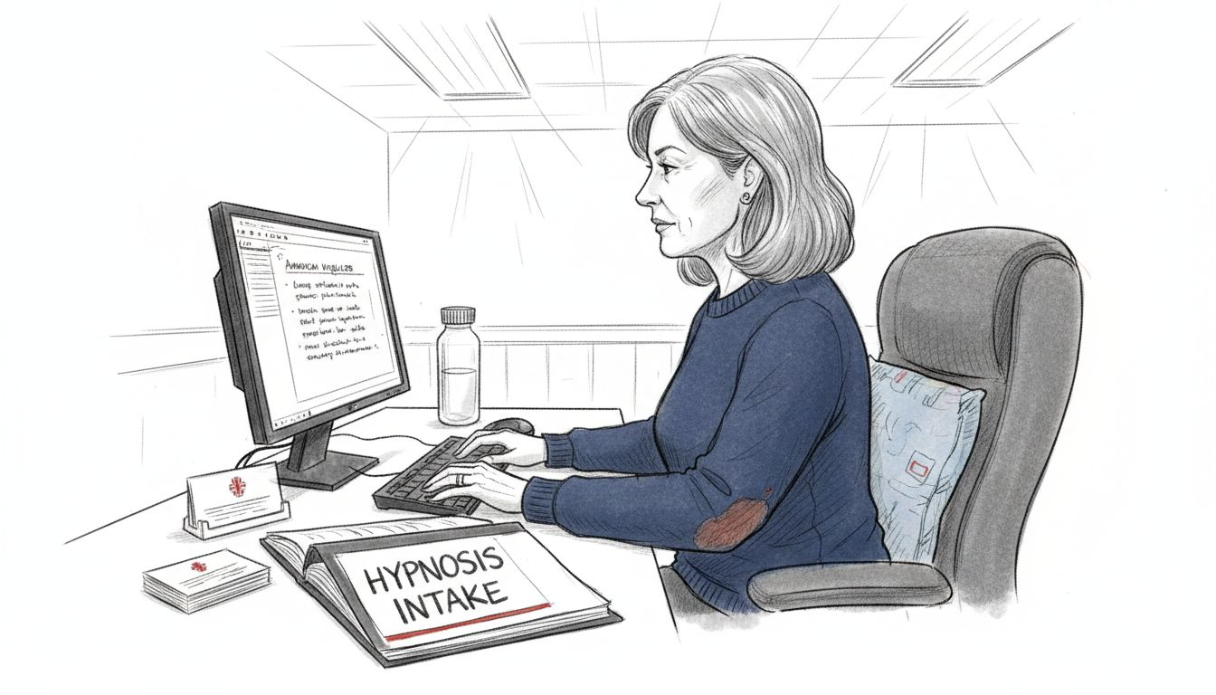 Clinical professional reviewing hypnosis case notes