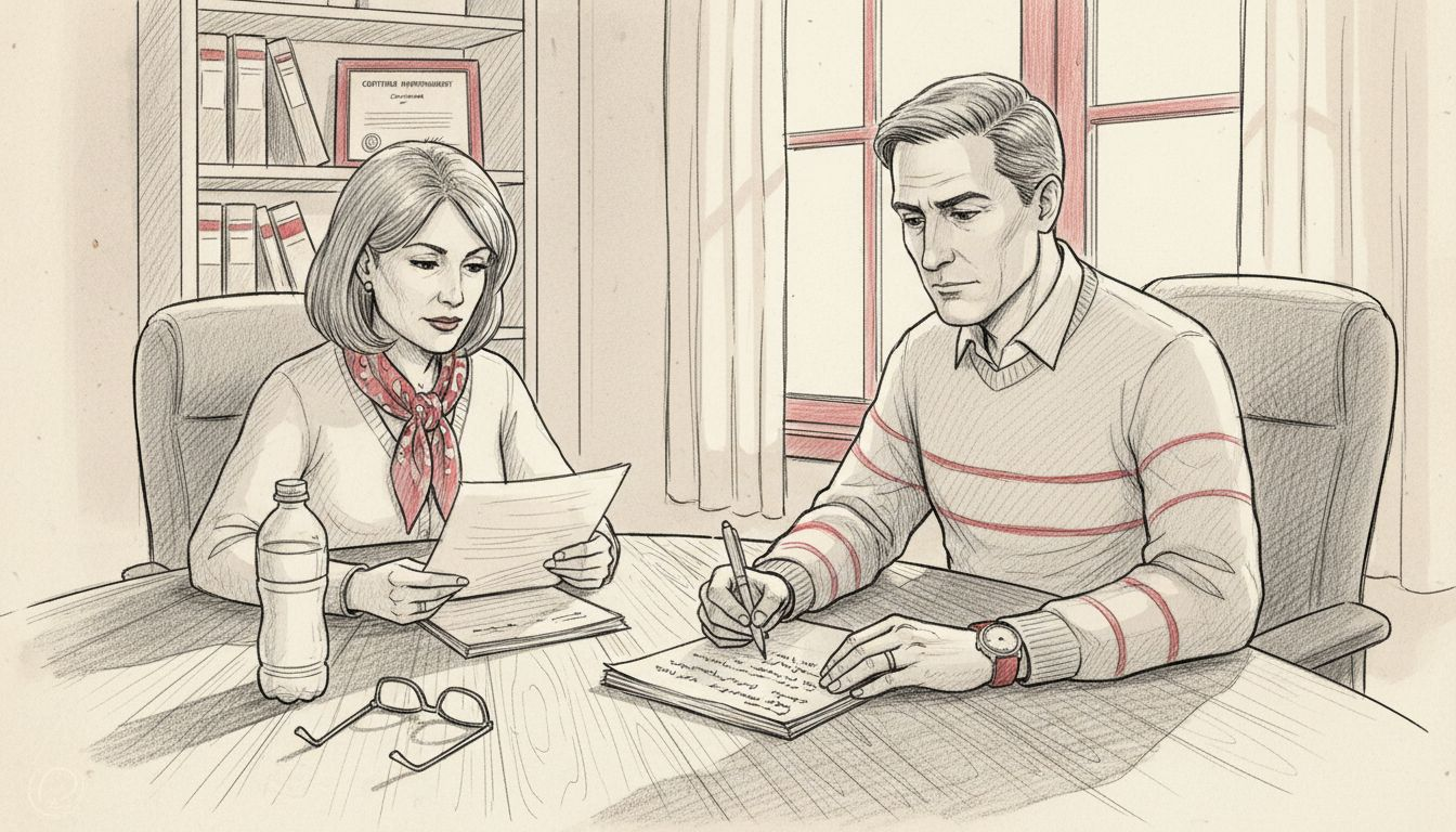 Therapist consulting notes with client at table