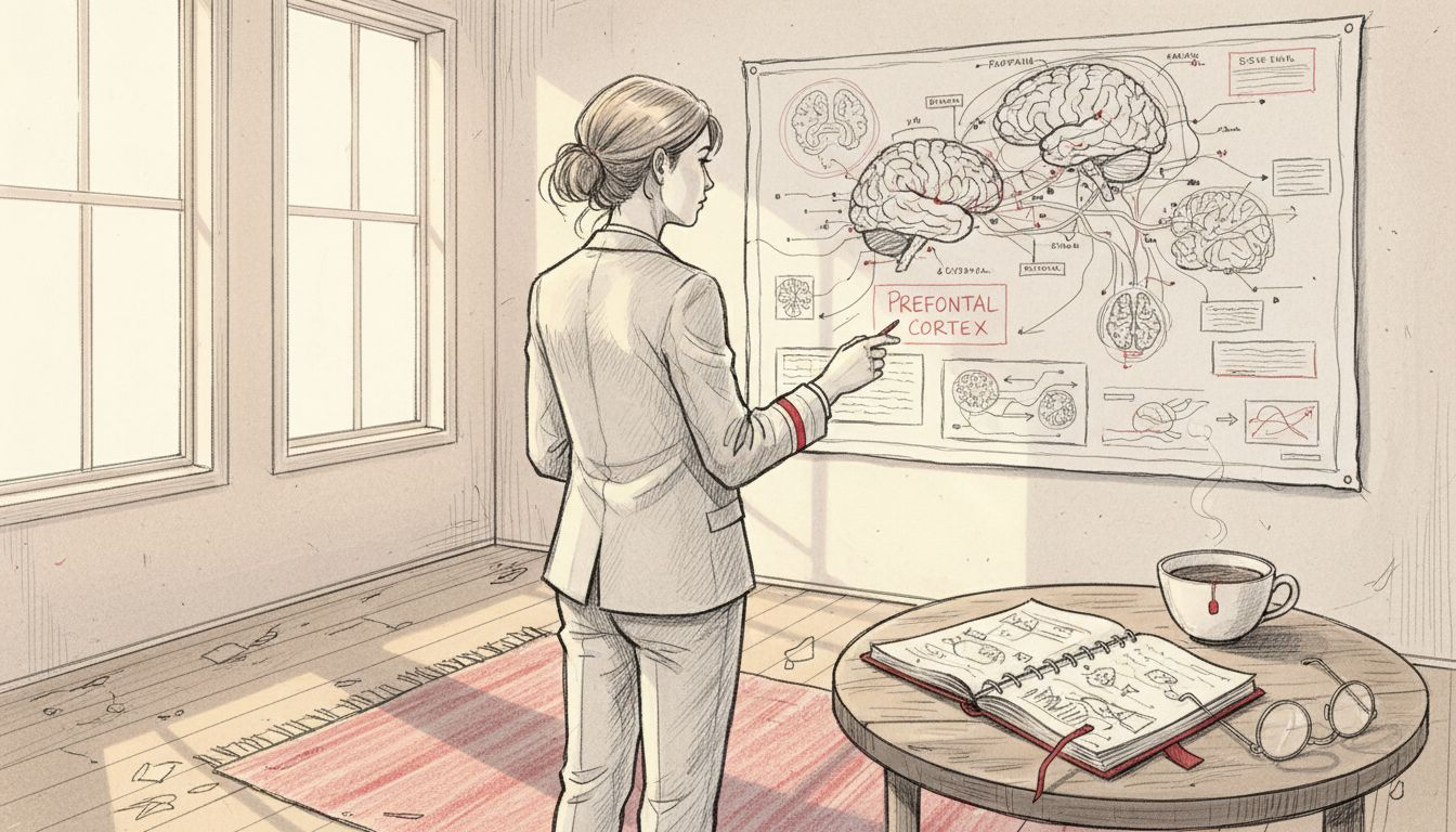 Woman studies hypnotherapy brain science chart