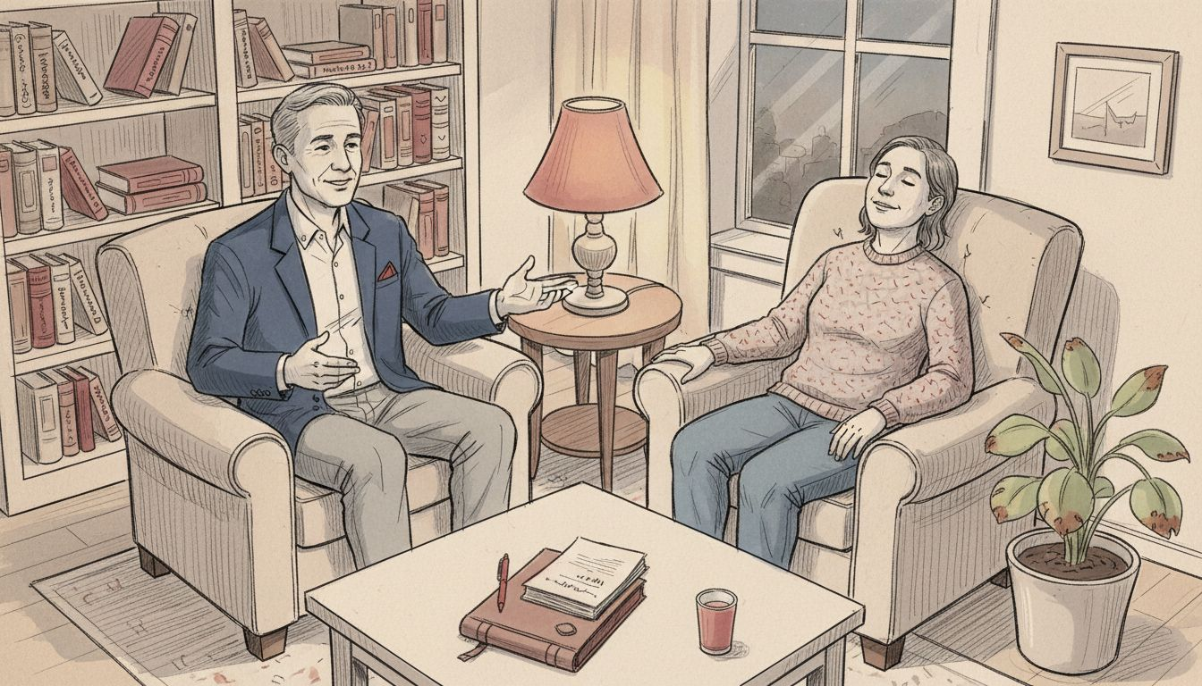 Therapist guiding hypnosis in cozy office