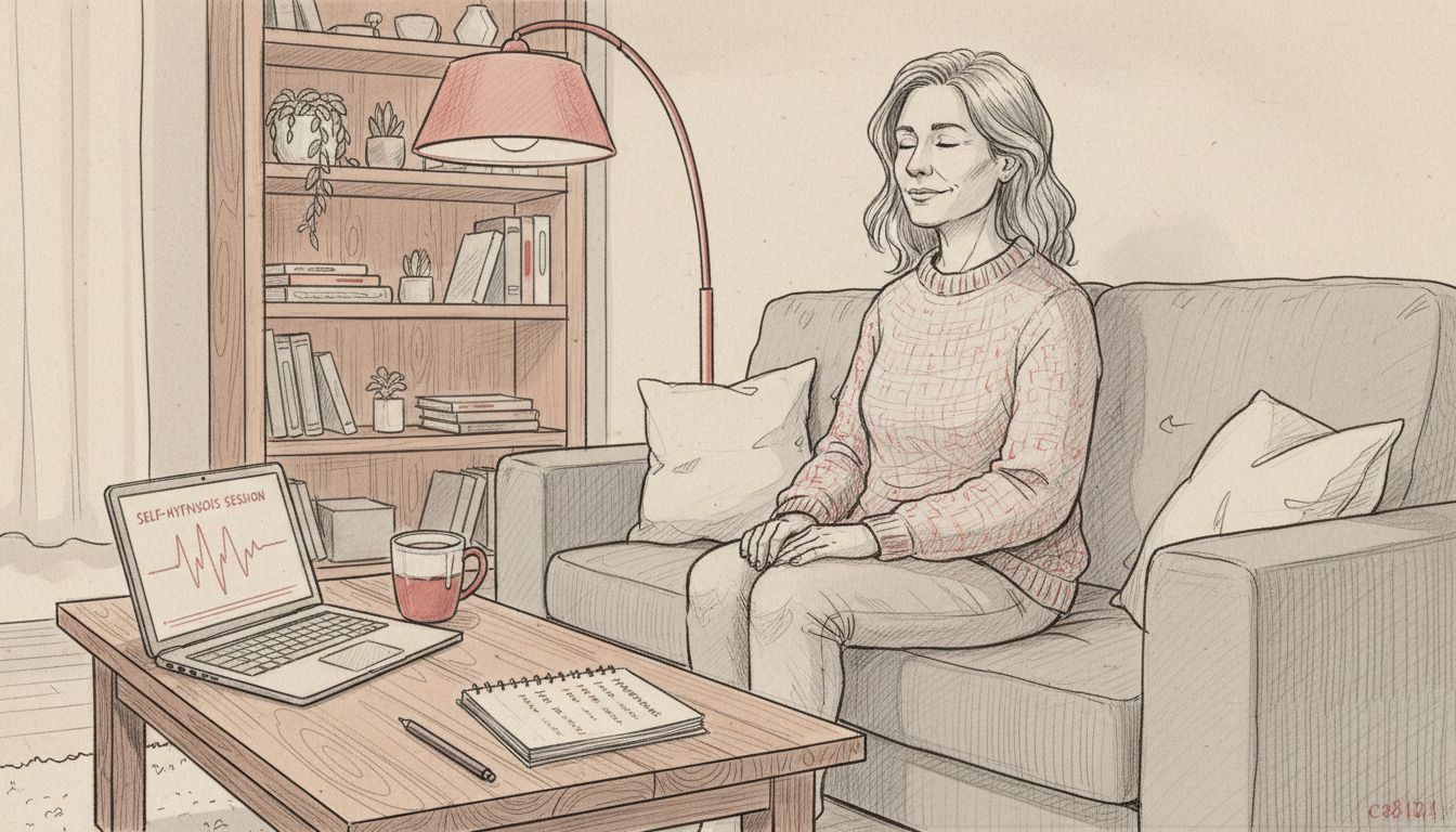 Client practicing self-hypnosis in living room