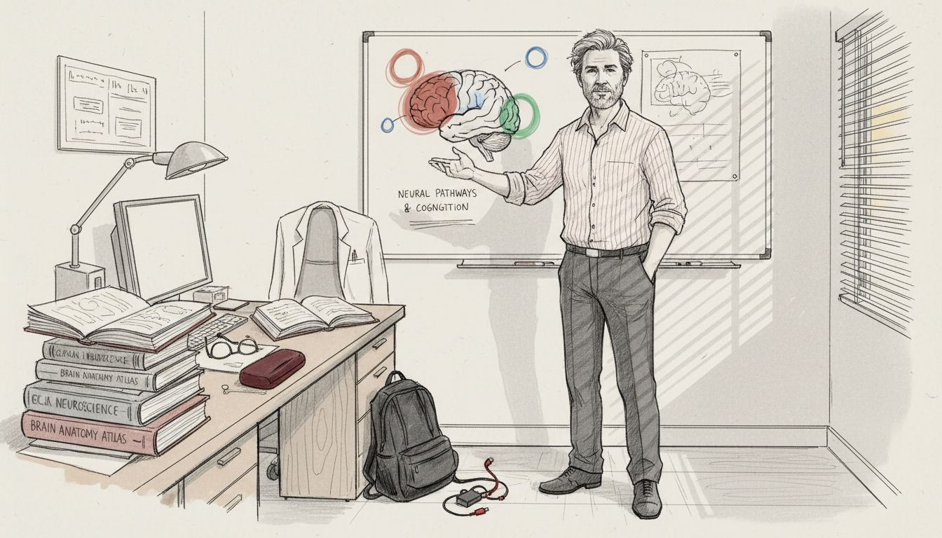 Neurologist explaining brain regions on whiteboard