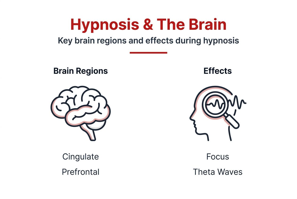 Infographic showing brain regions and hypnosis effects