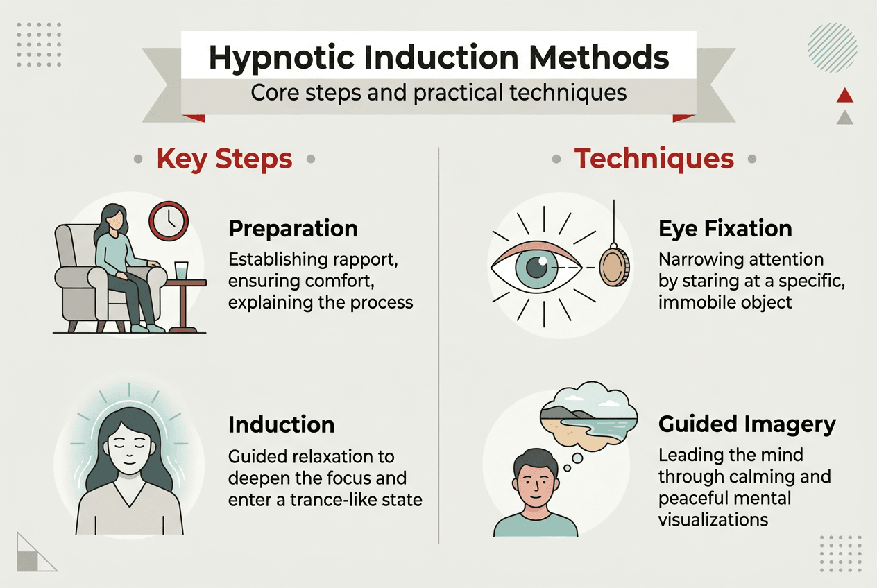 Infographic showing hypnotic induction steps and main techniques