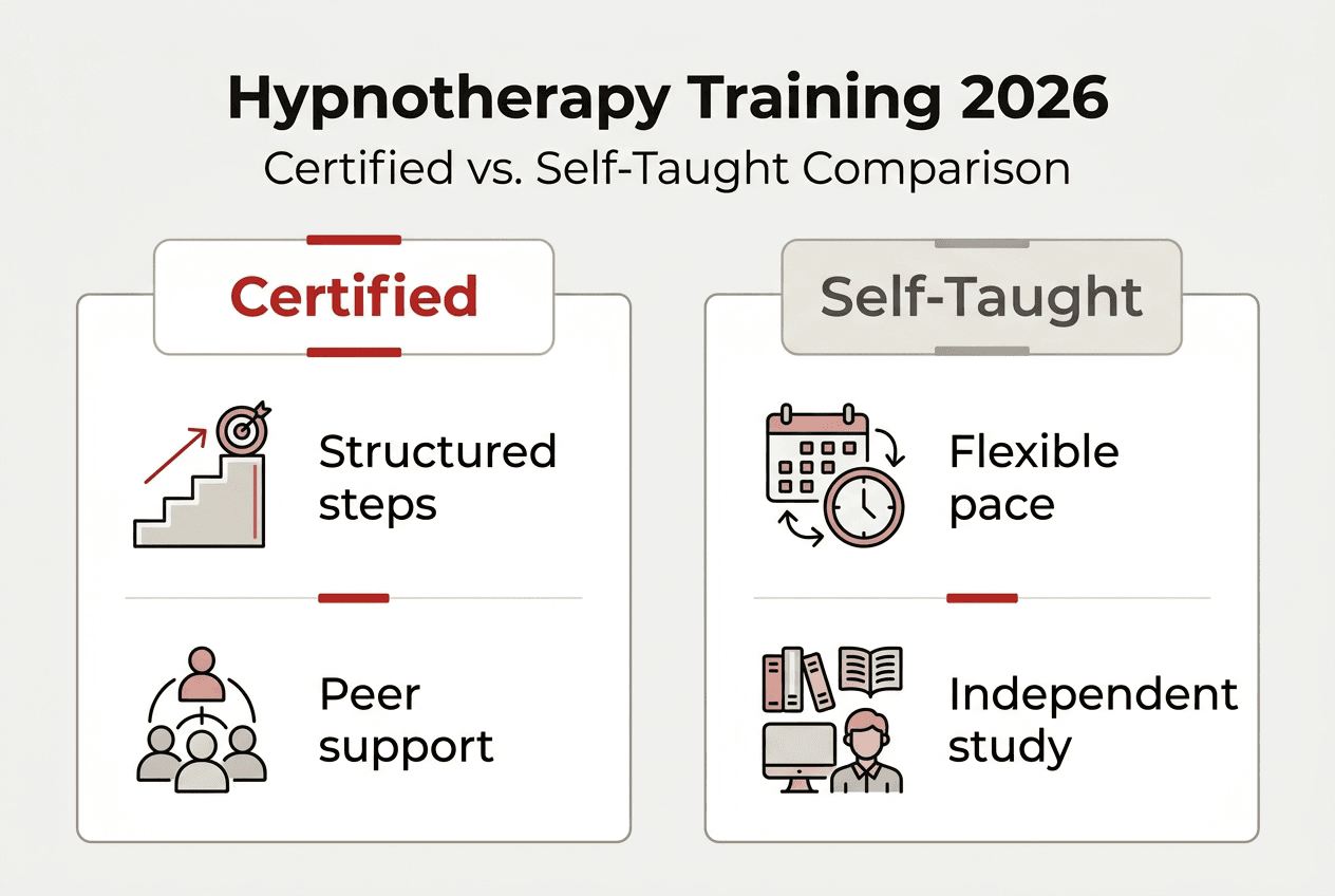 Infographic comparing certified and self-taught hypnotherapy