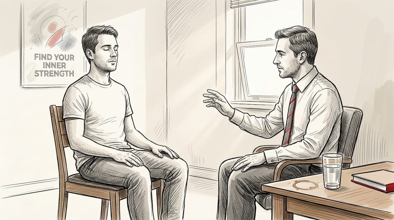 Client receiving hypnotherapy in modest therapy room