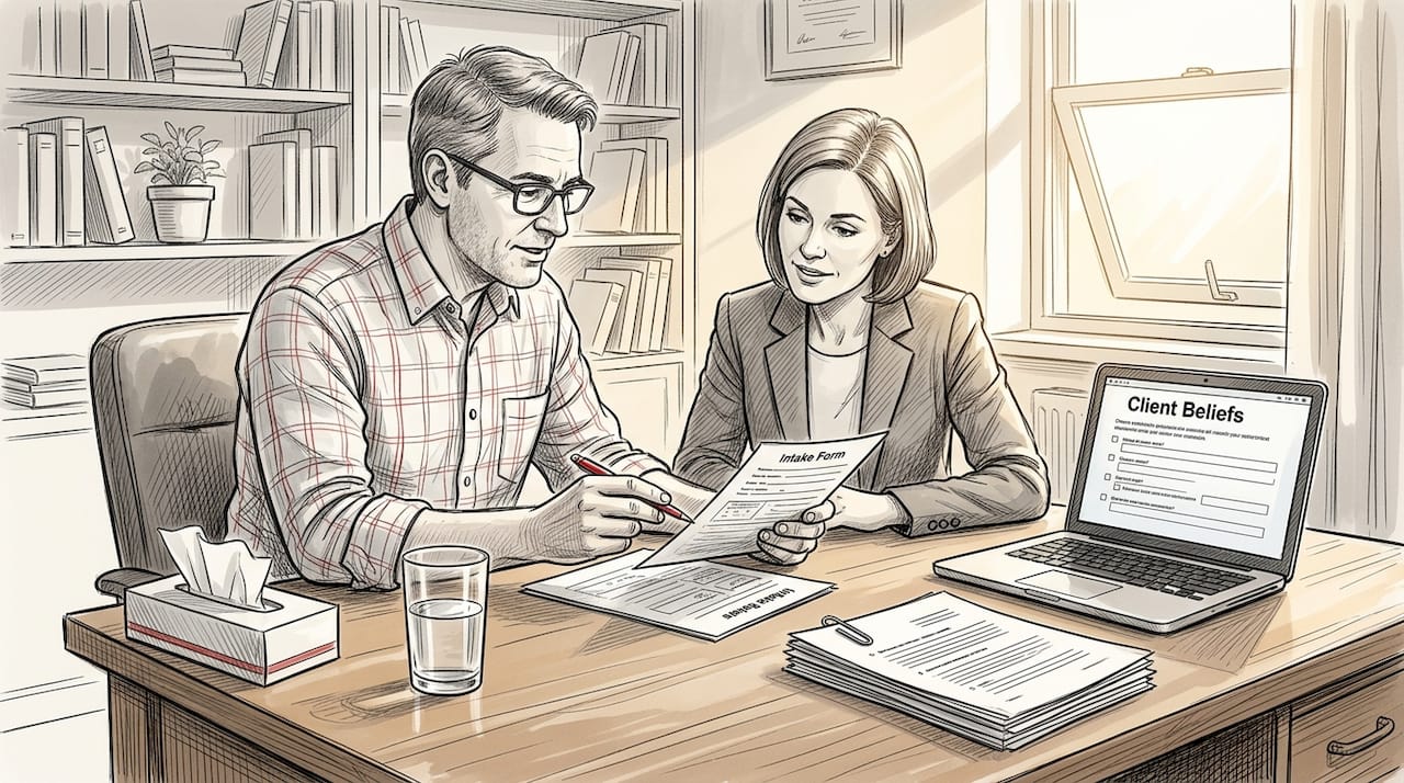 Therapist reviews beliefs form with client