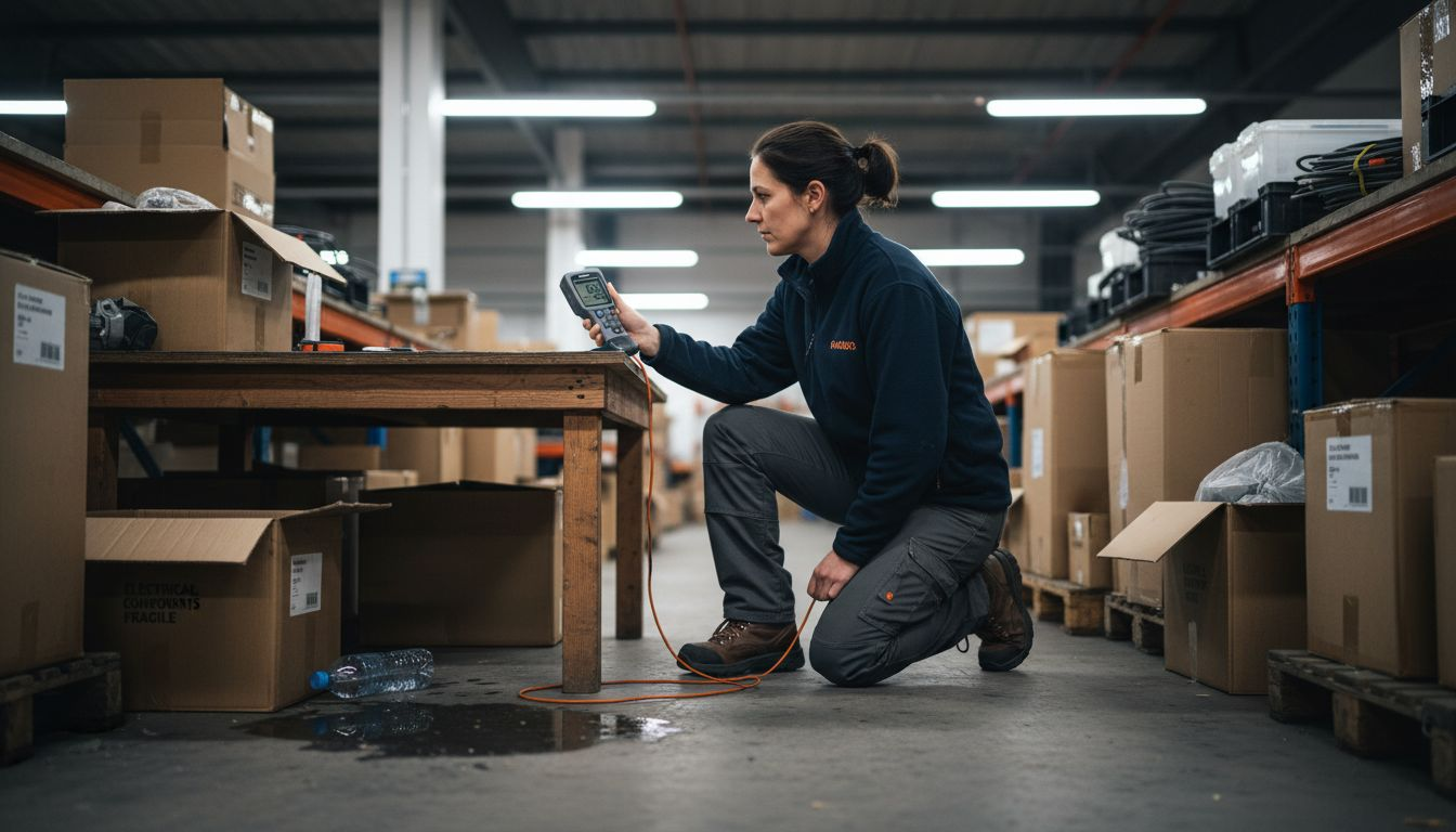Technician measuring lux in warehouse aisle