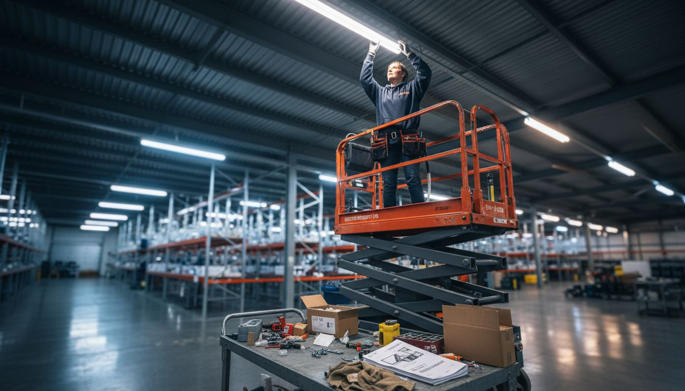 Technician installing LED warehouse lights