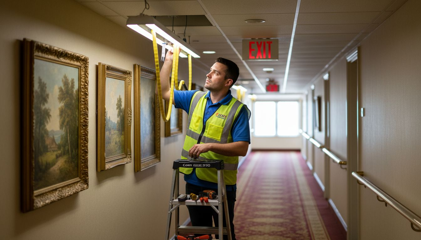 Electrician installing LED fixture in hotel corridor
