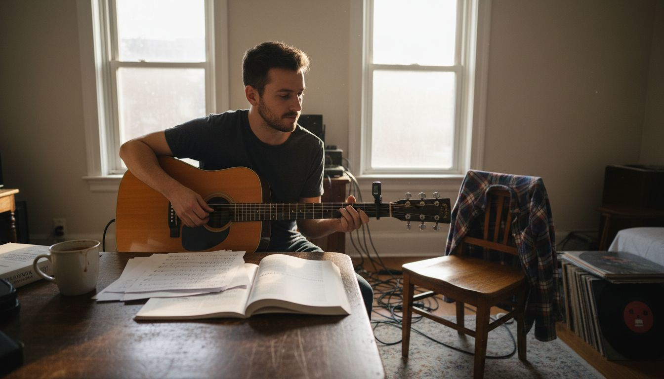 Guitarist learning music theory at desk