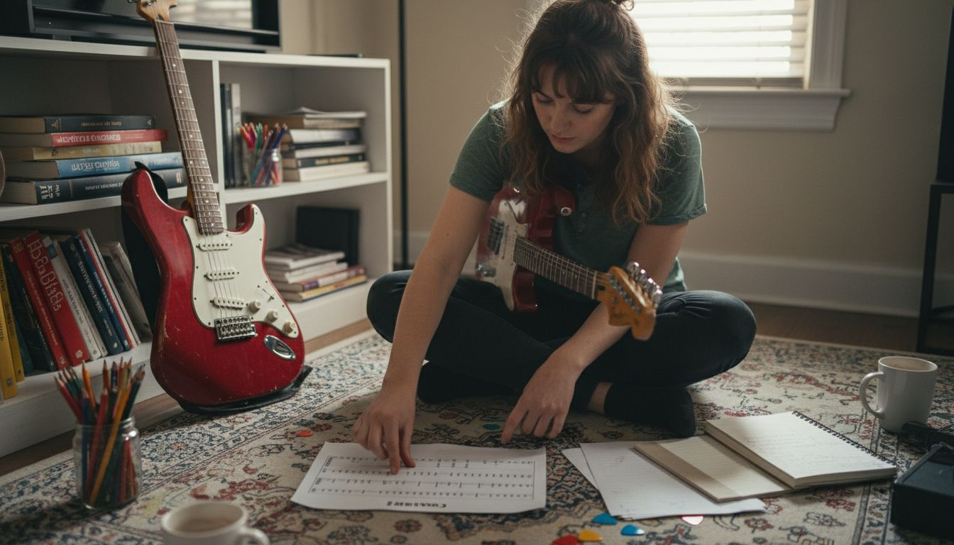 Guitarist studying fretboard diagram