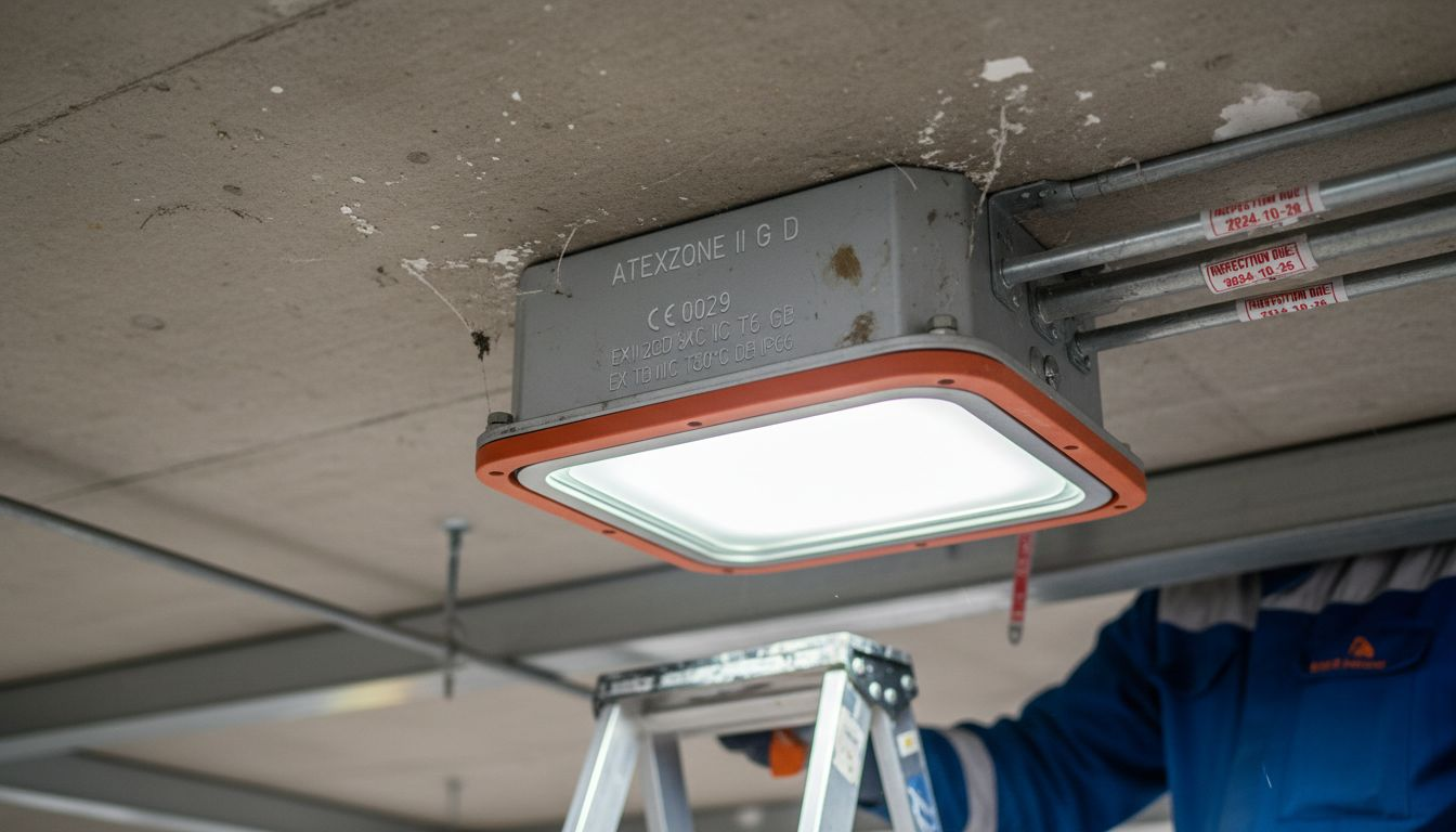 Closeup of ATEX-certified luminaire on factory ceiling
