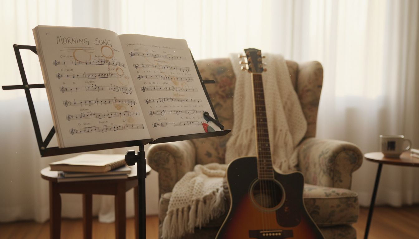 Chord chart on music stand in living room