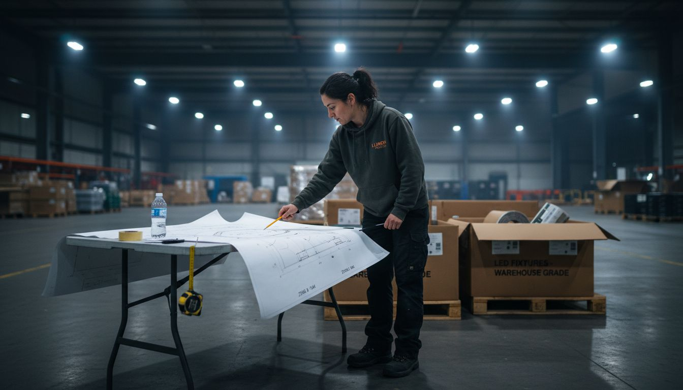 Engineer planning LED lighting layout in warehouse
