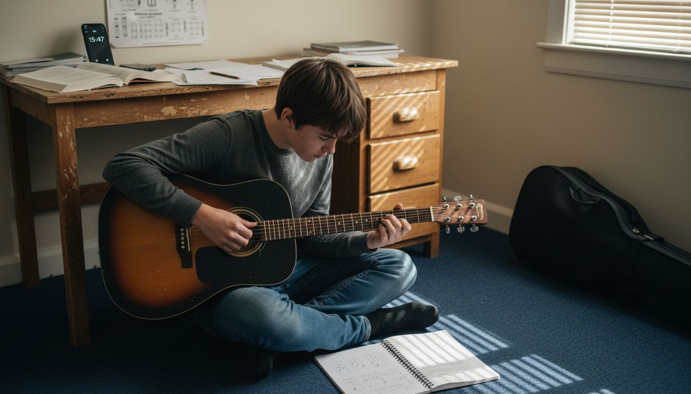 Teen guitar beginner practicing music theory at home
