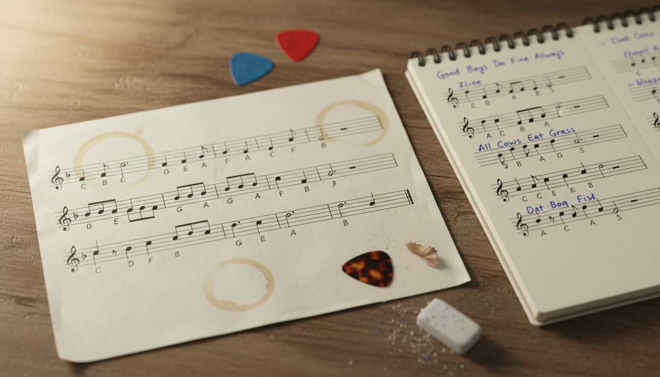 Bass clef notes hand-drawn on sheet music