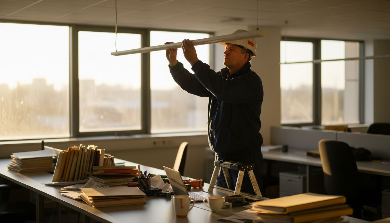 Worker installing LED tube in cluttered office