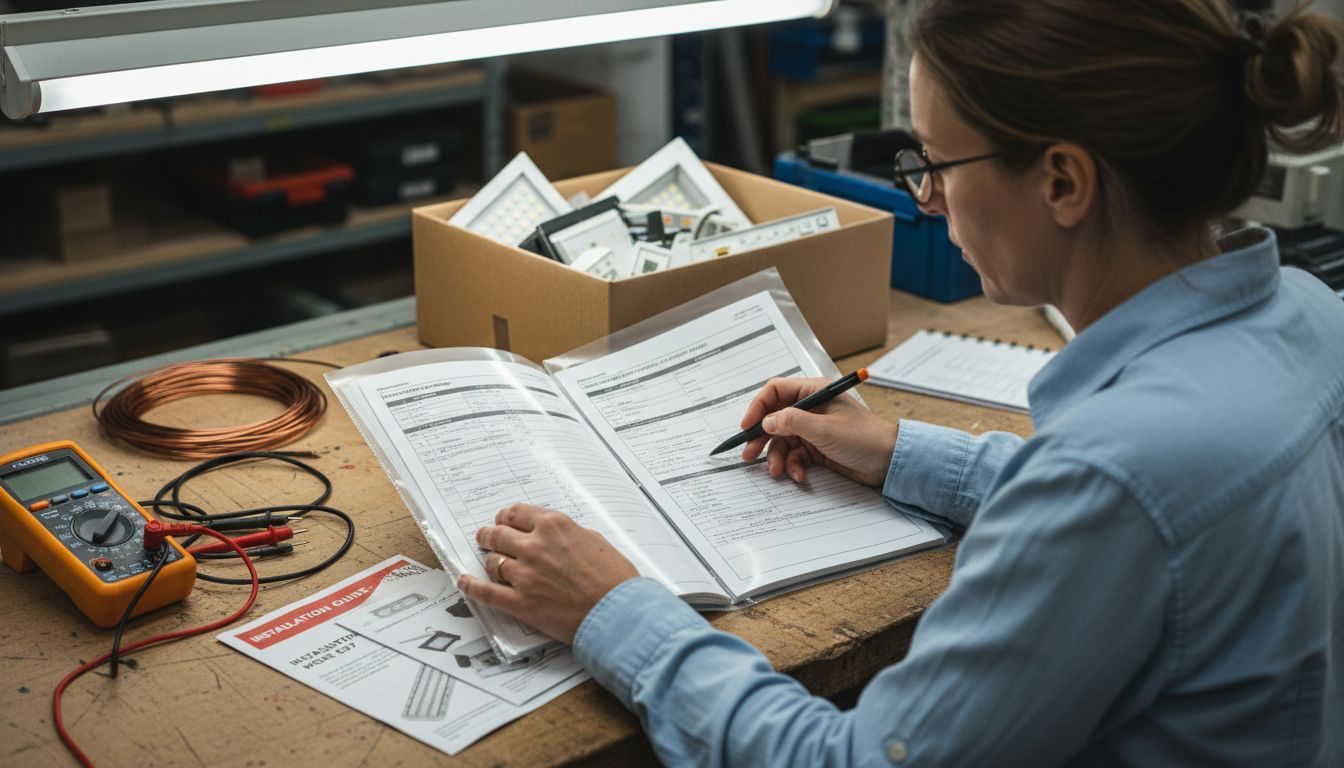 Engineer checking LED fixture technical binder