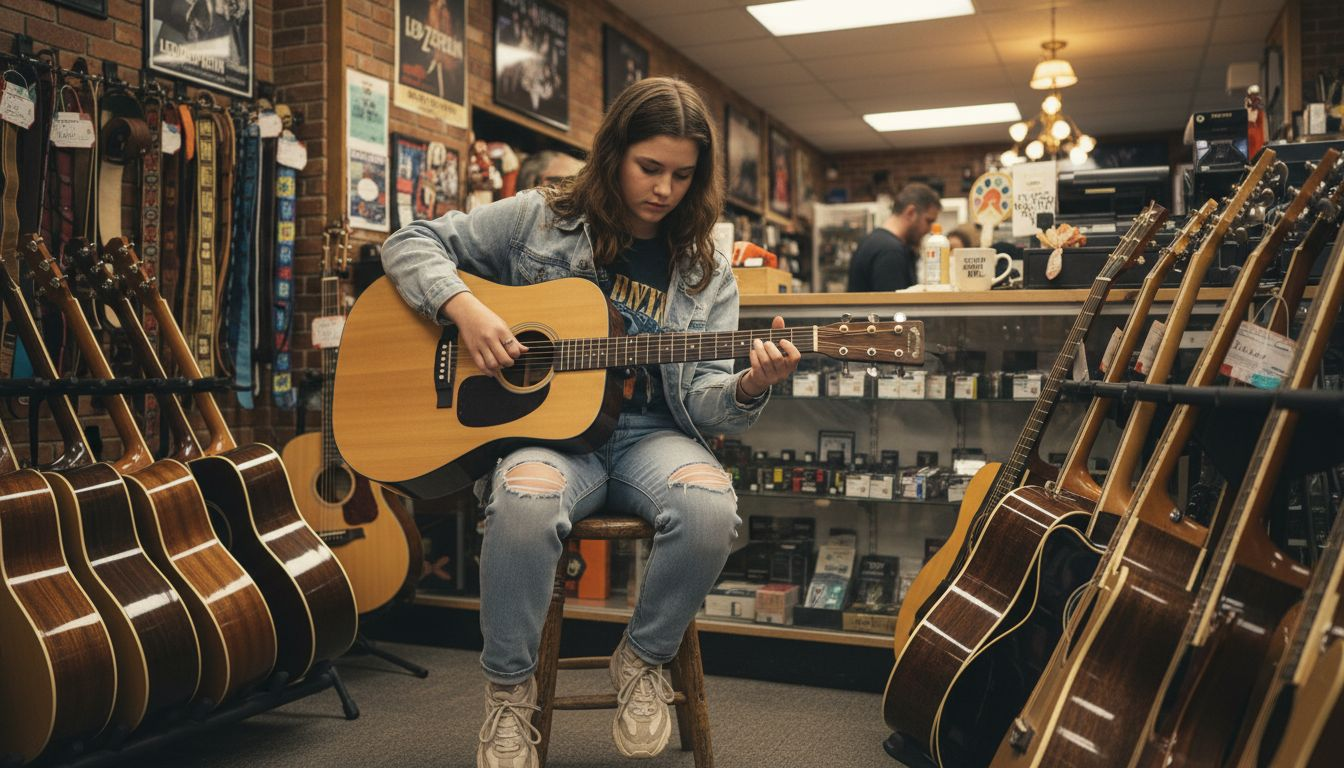 Beginner testing guitars in music store