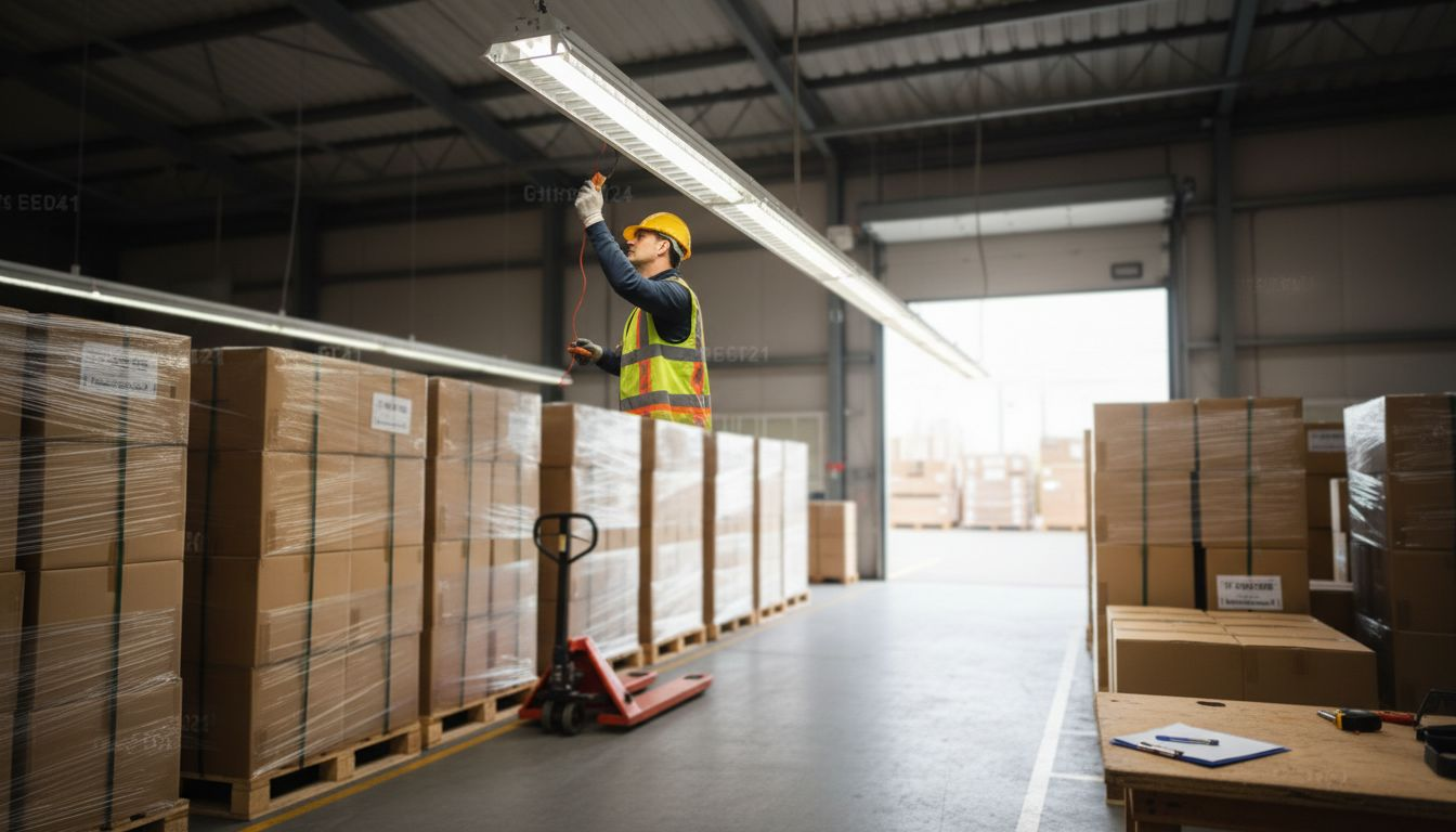 Technician inspecting energy efficient LED fixtures