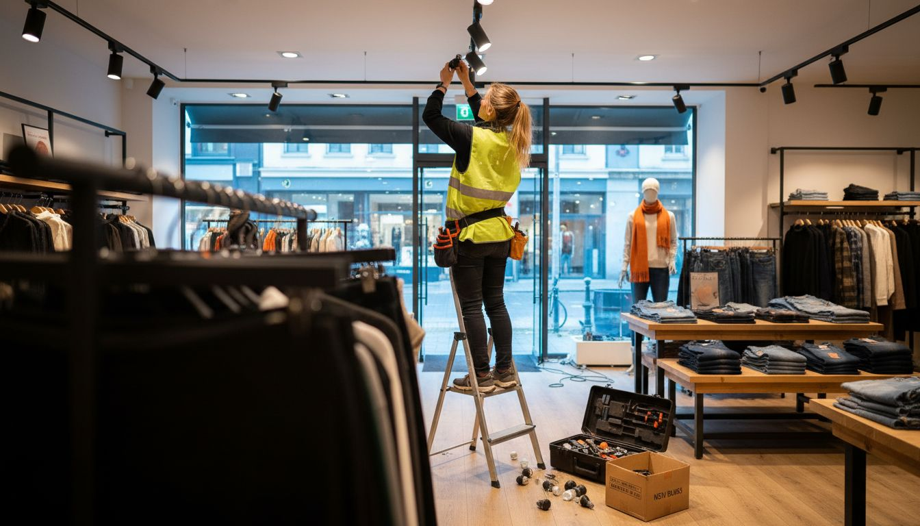 Lighting designer adjusts track light in retail store