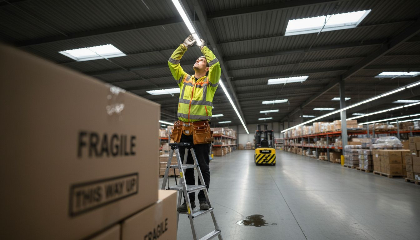 Technician checks warehouse LED installation
