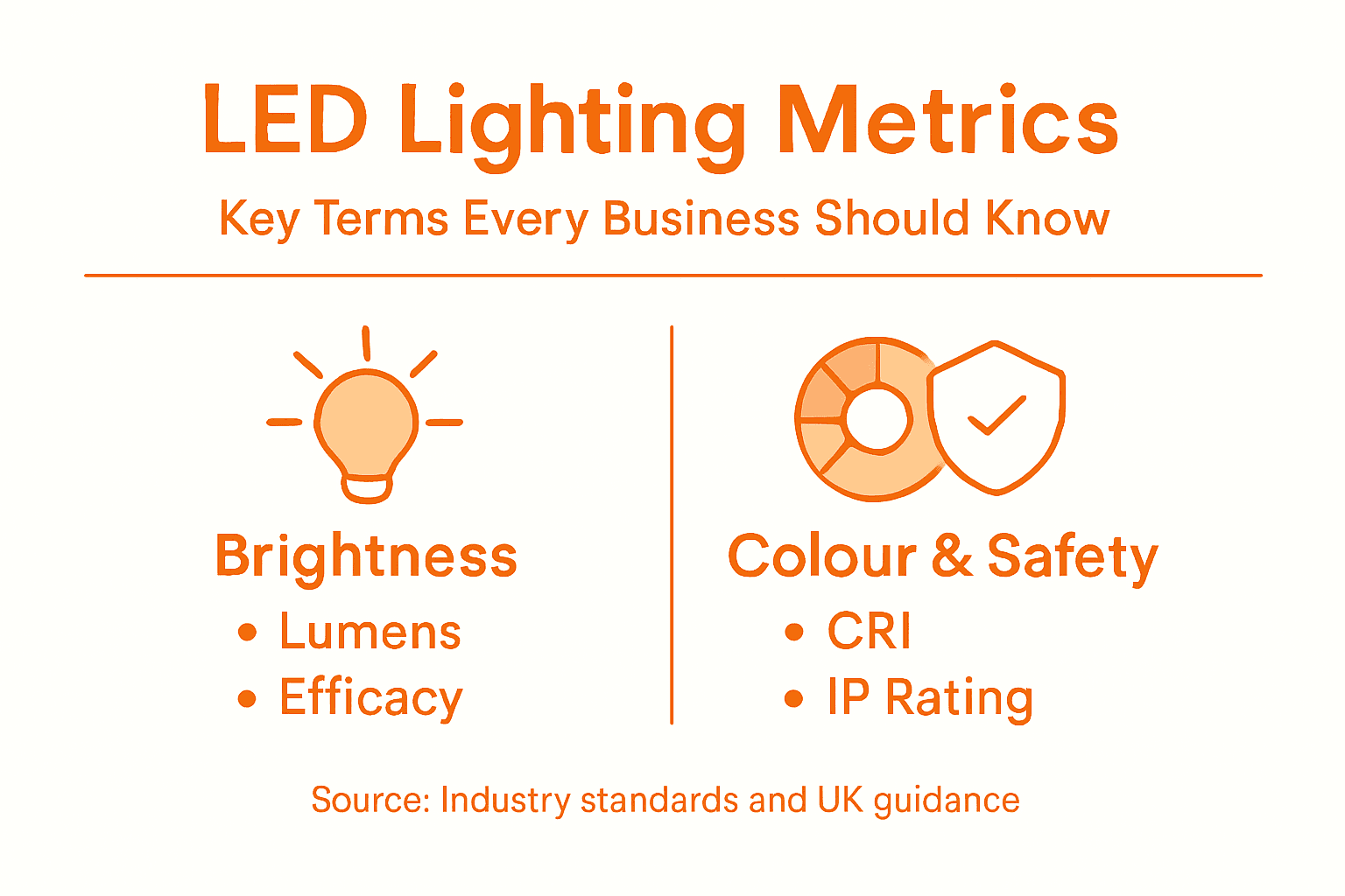 Infographic of LED metrics brightness and colour