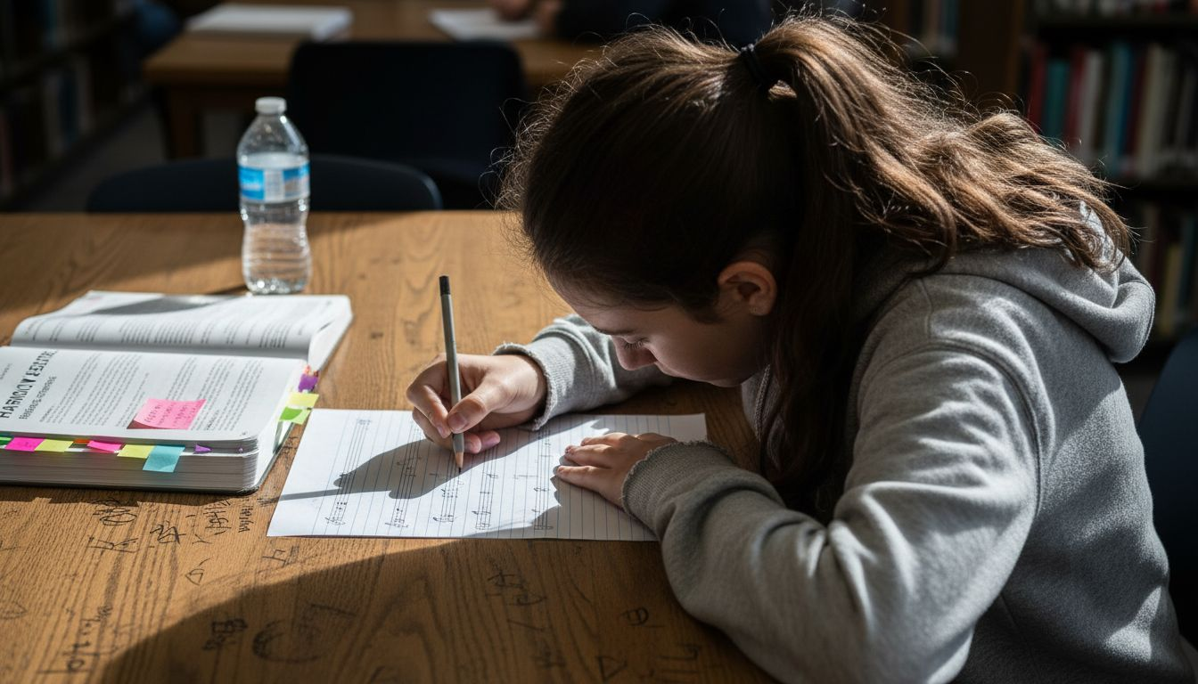 Student drawing music staff at library table
