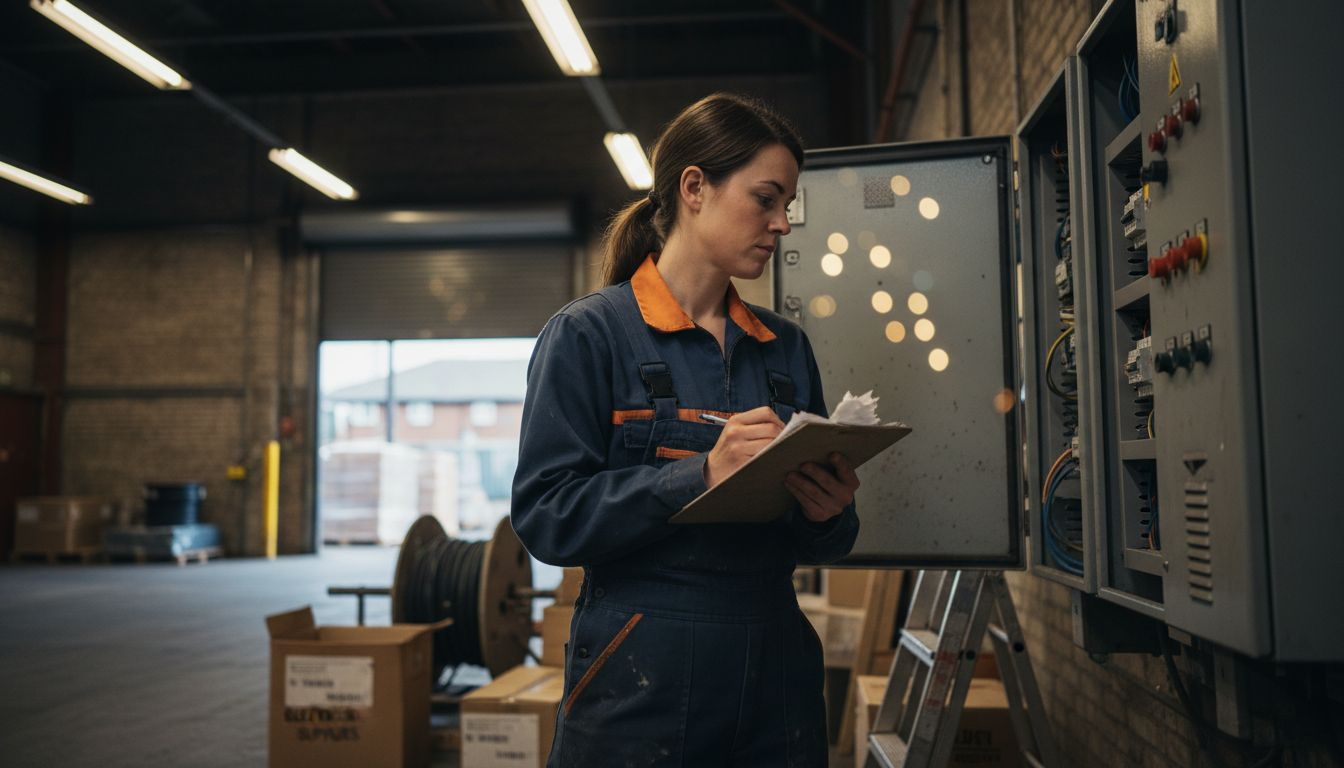 Technician inspecting warehouse electrical panel