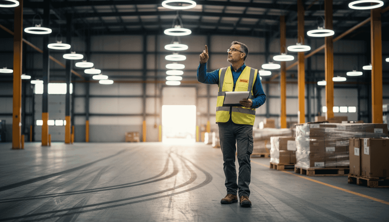 Warehouse supervisor inspecting LED lighting upgrade
