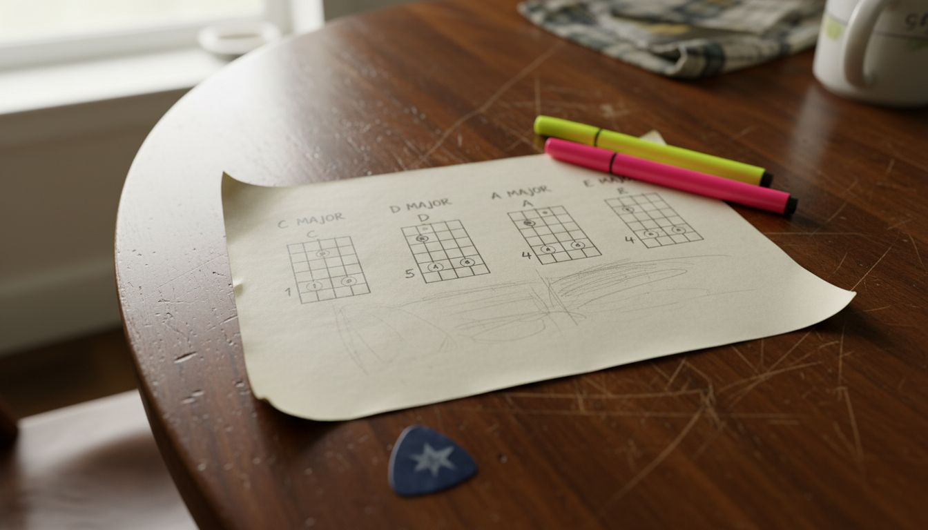 Hand-drawn open major guitar chords chart