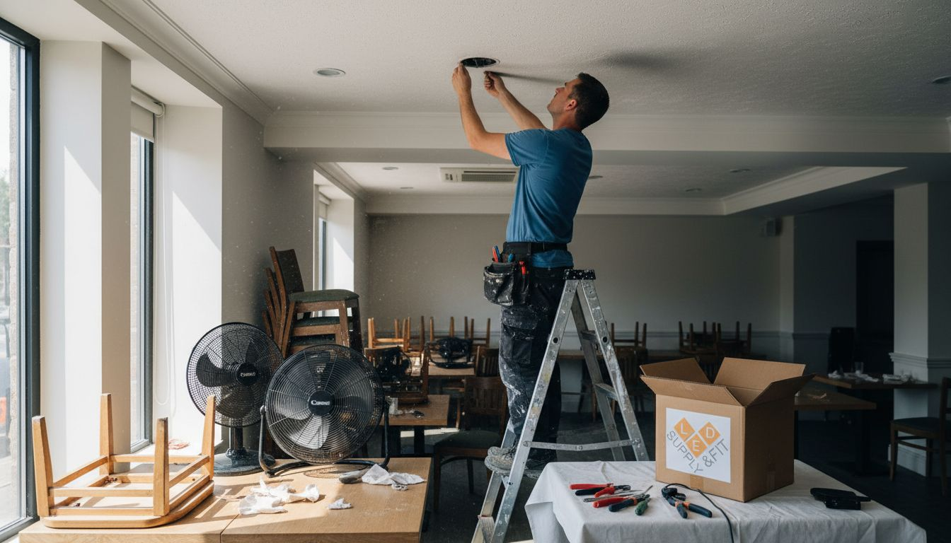 Contractor installing LED downlight in restaurant ceiling