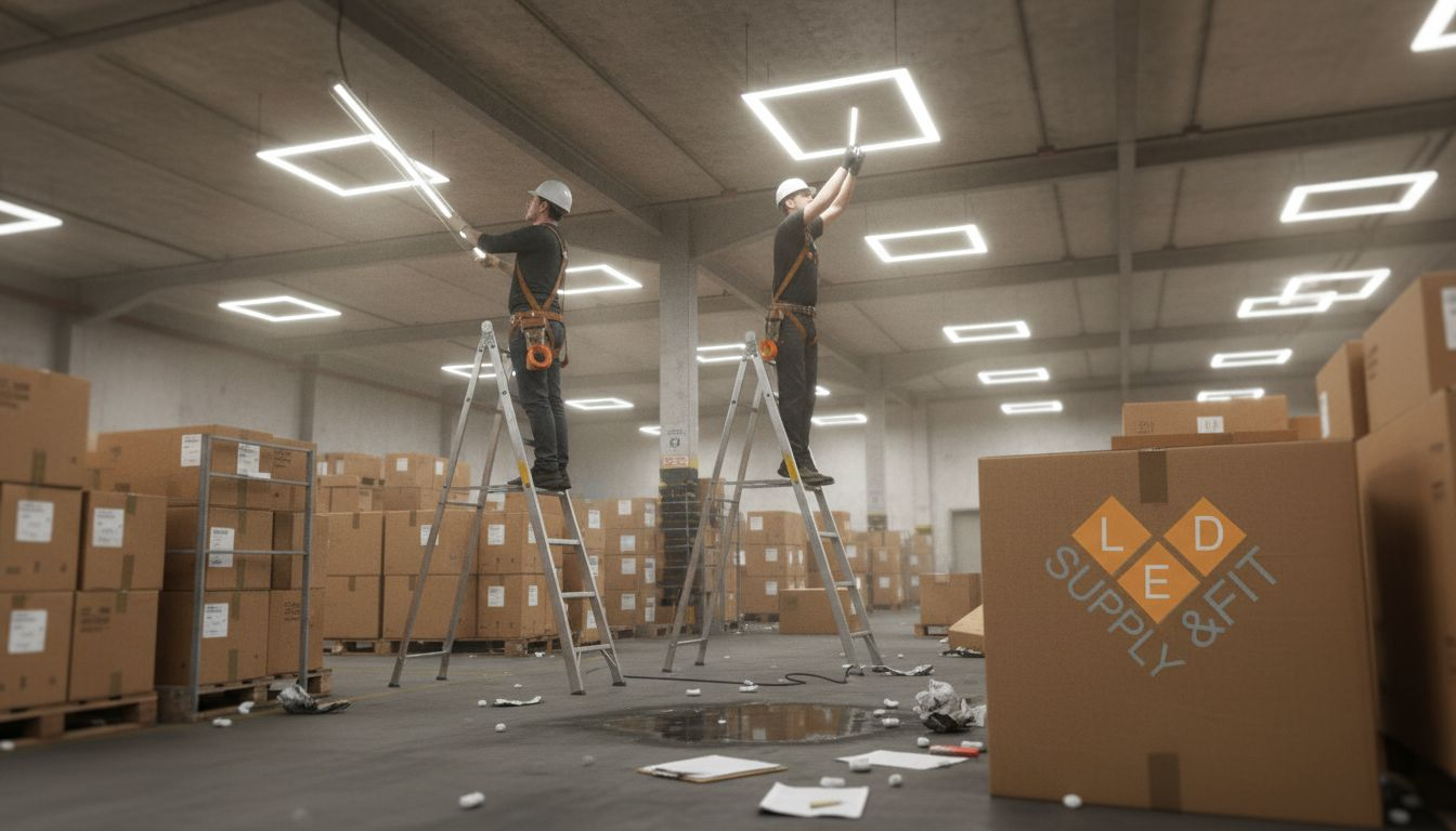 Warehouse workers replacing lighting fixtures
