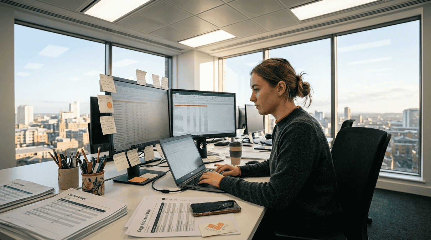Worker at desk under LED office lighting