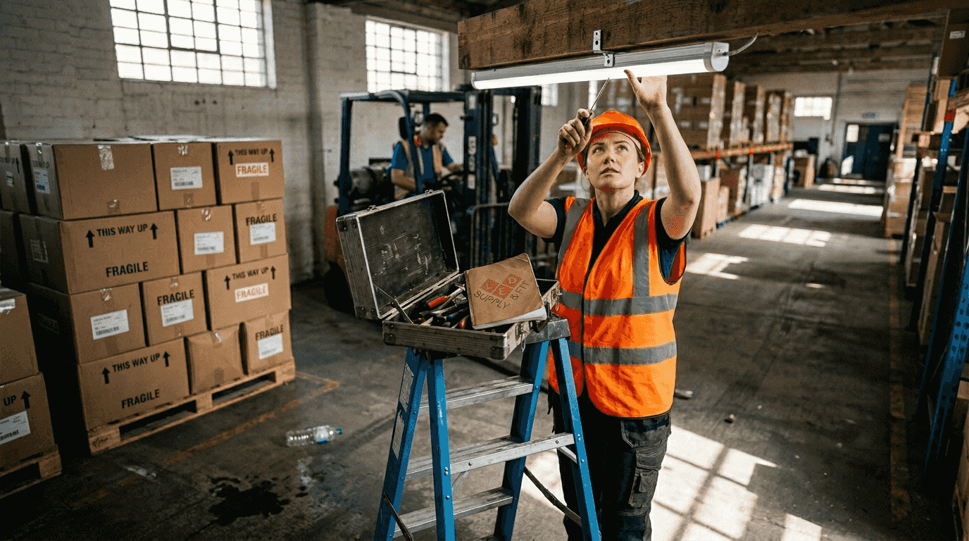 Worker retrofitting warehouse LED lighting