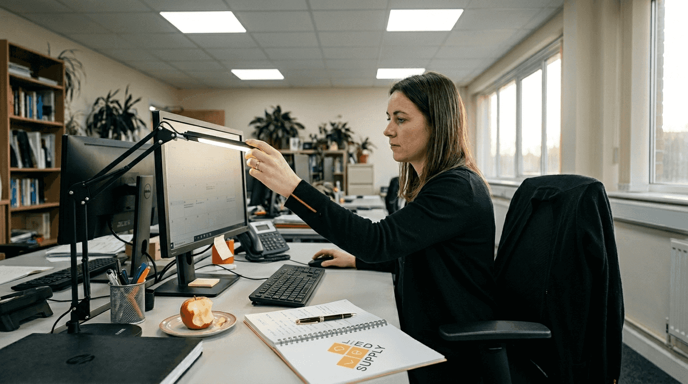 Office worker adjusts LED desk lamp