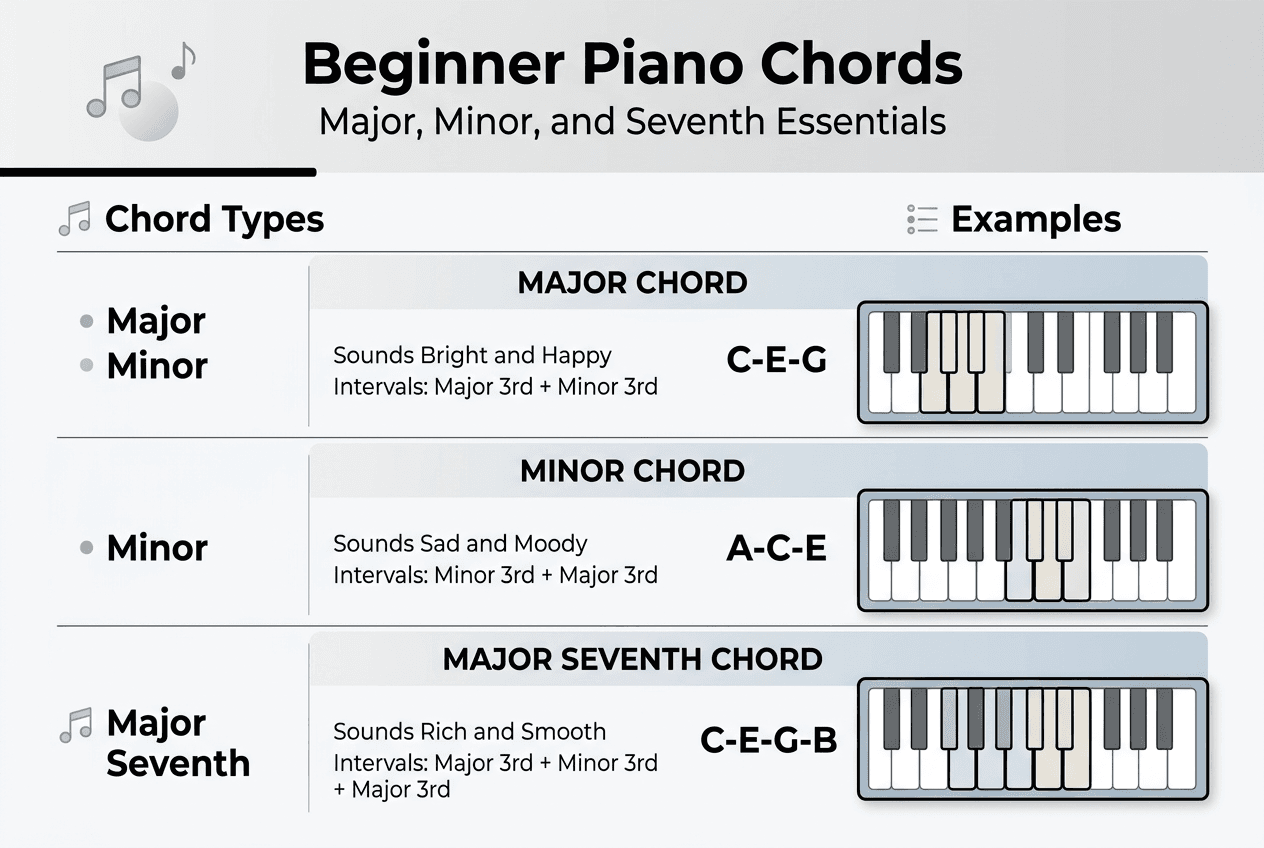 Infographic summary of key beginner piano chords