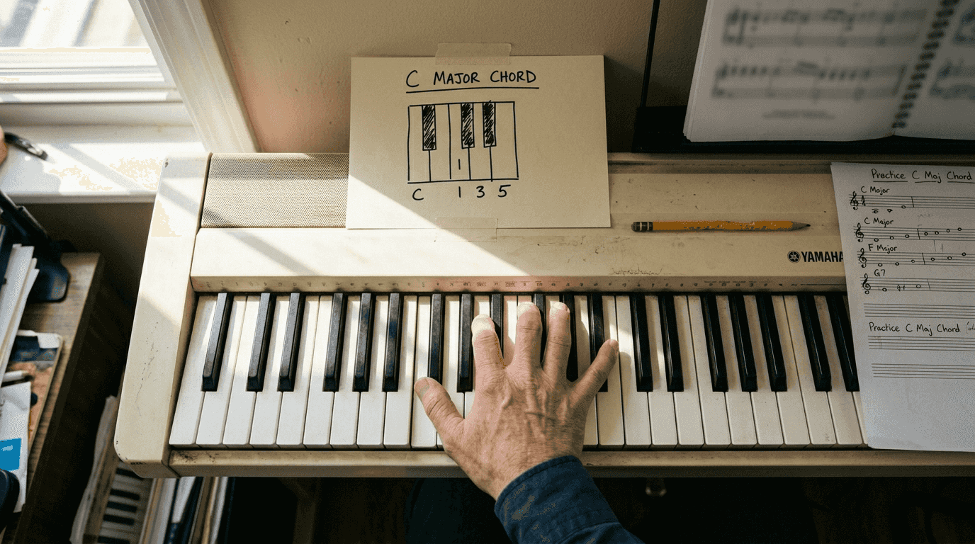 Close up showing piano chord finger positions
