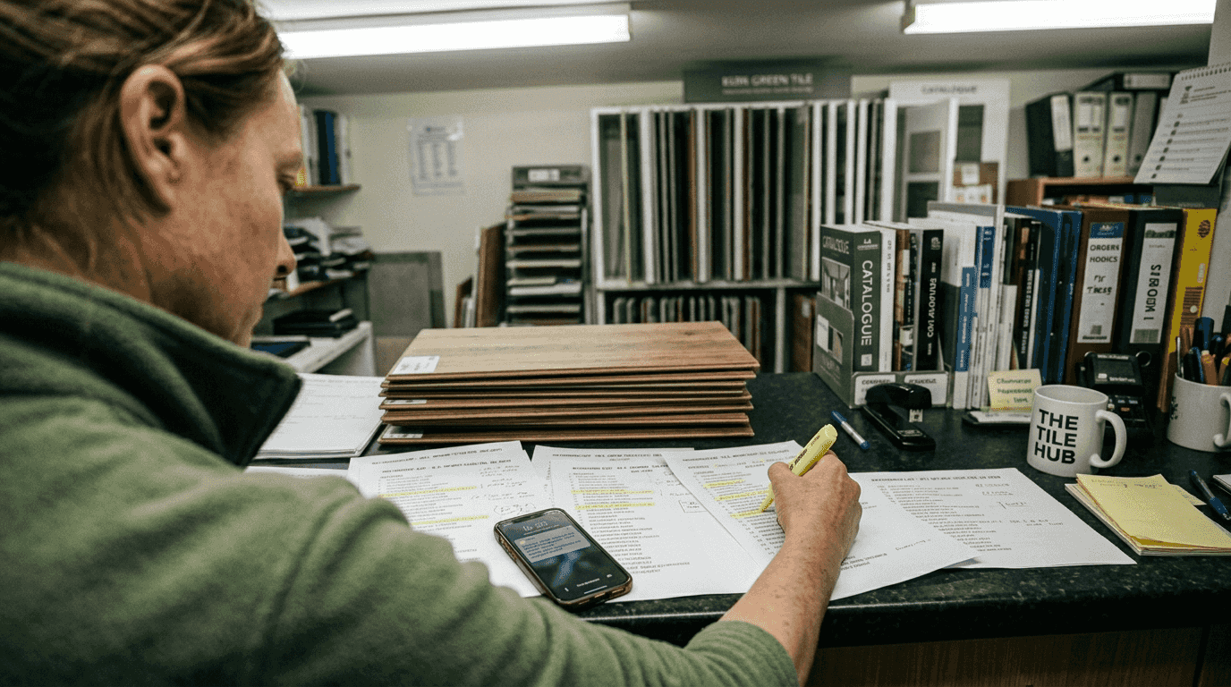 Woman marking flooring ad keywords in tile shop