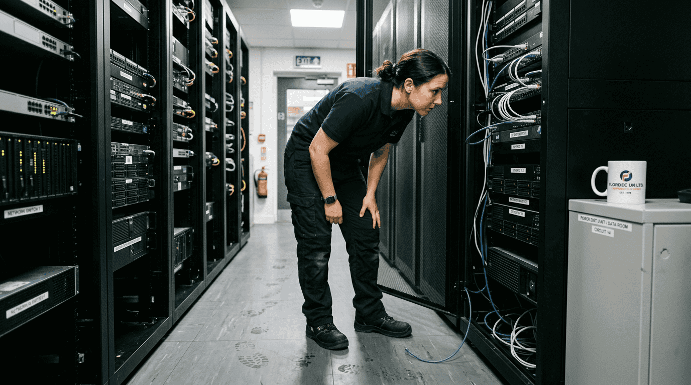 Technician checks servers in server room